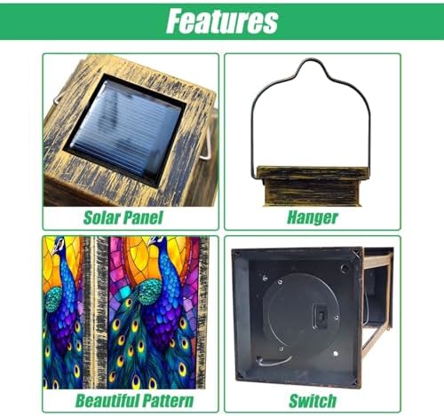 Solar Lantern Peacock Stained Glass Vibrant Blue Feathers Golden Mosaic Halo Outdoor Waterproof Hanging Solar Light Outside Lights for Patio Yard House Lawn Decor Birthday Gifts for Women Mom - Image 3