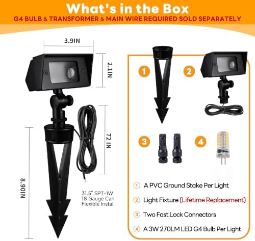 Gardenreet Low Voltage LED Flood Light - Solid Brass 12V Wall Wash Light Outdoor, Landscape Hardwired IP65 Waterproof, Wide Beam Black for Yard Tree House with 2700K Warm White 3W 270LM G4 Bulb 4 Pack - Image 7
