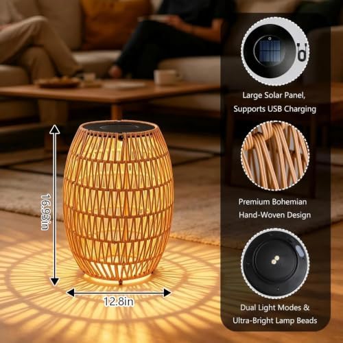 Solar Outdoor Side Table, Boho Handwoven Drum Rattan, 12.8" D x 16.9" H - Image 3