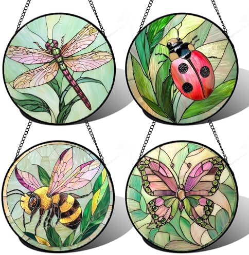 DASTOLL Stained Glass Window Hanging 4 Pcs Set Pink Green Insect Theme Large 11.8" - Butterfly Suncatcher Door Garden Sun Catcher Decor Birthday Christmas for Mom Woman Nana Men by DASTOLL