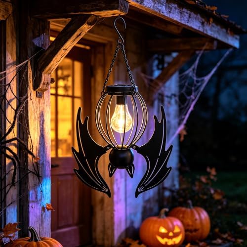 Metal Black Bat Hanging Solar Lights for Outside Outdoor Halloween Decor by BVL-FOOKHOMEGARDEN