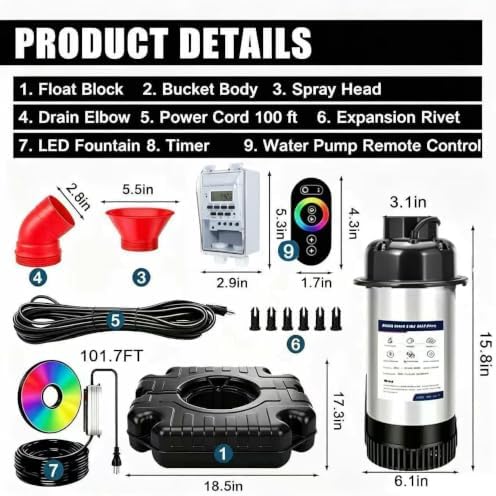 Pond Fountain Aerator,Pond Aerator,with Dynamic LED RGB Lighting Adjustable Modes, Digital Timer | 1 HP 15,000 GPH, 750W 110V, 100FT Cord - for Large Ponds, Lakes & Outdoor Water Features - Image 4