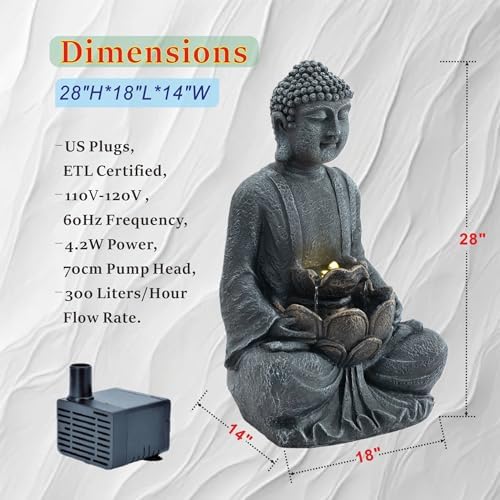 28'' Zen Buddha Water Fountain with LED Light and Pump, 2 Tier Polyresin Meditating Buddha Outdoor Fountain, Lighted Waterfall Statue for Garden Patio Backyard Indoor Decor - Image 2