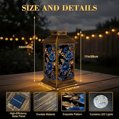 Solar Lantern Outdoor Garden Hanging Lantern Elegant Blue Gold Floral Black Waterproof Solar Powered Lighting Outside Table Lamp for Patio Deck Yard Camping - Image 2