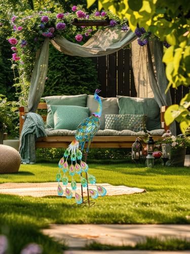 YEAHOME Garden Decor Outdoor Statues, 34" Large Metal Peacock Standing Yard Art, Blue Green Bird Lawn Sculptures Garden Decor for Outside Patio Porch Backyard - Image 3