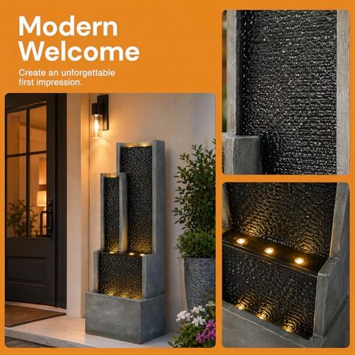 Large Outdoor Water Fountain with LED Lights, 70.87" Modern Freestanding Resin Waterfall Feature, Ribbed Panel Garden Fountain for Patio, Backyard, Porch, Deck - Image 5