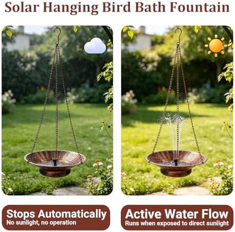 12.6" W Hanging Bird Bath with Solar Fountain, Upgraded Metal Bronze - Image 3