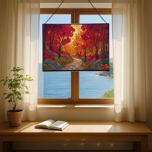 Path Through Glowing Autumn Forest Rectangular Stained Glass Suncatcher – Hanging Window Panel with Animal & Nature Scene – Vibrant Glass Art Gift for Wildlife, Fantasy, Nature Lovers nmbDYO - Image 6