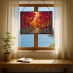 Path Through Glowing Autumn Forest Rectangular Stained Glass Suncatcher – Hanging Window Panel with Animal & Nature Scene – Vibrant Glass Art Gift for Wildlife, Fantasy, Nature Lovers nmbDYO - Image 6