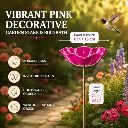 Handmade Metal Flower Bird Bath, Bee & Butterfly Watering Station, Decorative Outdoor Garden Stake with Vibrant Glossy Bowl for Yard Patio Lawn Planter - Image 2