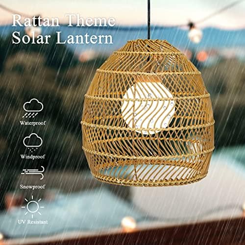 Outdoor Rattan Lantern Solar Chandelier Outdoor Pendant Lights Solar Hanging Lantern with Remote Outdoor Waterproof Pendant Lights for Gazebo Porch Patio - Image 5