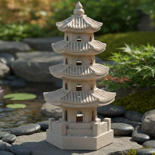 Pagoda Garden Statue Solar Powered Pagoda Lantern Resin Outdoor Zen Japanese Garden Decor for Balcony, Patio, Porch, Yard 11.4x4.7x4.7 inch Khaki by Unknown