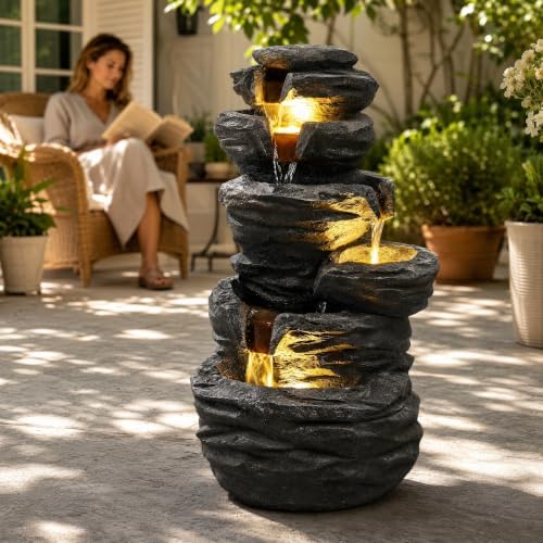 Outdoor Water Fountain with LED Lights, 25.6" Cascading Water Feature with Planter, Freestanding Modern Garden Fountain for Patio, Balcony, Backyard, Porch, Housewarming Gift - Image 5