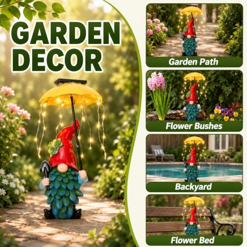 Solar Garden Gnome Statue with Umbrella LED String Lights, DIY Yard Decor - Image 5