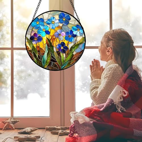 Blue Flower Stained Glass Window Hanging Suncatcher Gifts for Women 15" - Image 2