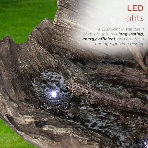 Alpine Corporation 24" Tall Outdoor 2-Tier Fallen Tree Trunk Water Fountain with LED Lights, Rustic Cascading Design for Garden, Patio & Yard Decor, Beige - Image 5