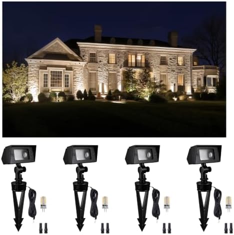 Gardenreet Low Voltage LED Flood Light - Solid Brass 12V Wall Wash Light Outdoor, Landscape Hardwired IP65 Waterproof, Wide Beam Black for Yard Tree House with 2700K Warm White 3W 270LM G4 Bulb 4 Pack by Gardenreet