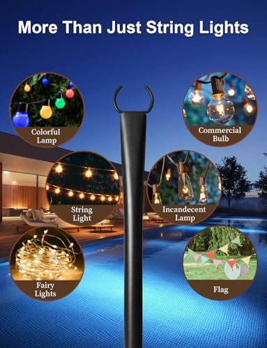 4 Pack String Light Poles for Deck, 5Ft Upgraded Heavy-Duty Metal Deck Light Poles for Outside with Fixing Clips, Lighting Hanging Post Accessories for Patio Decor Garden Backyard Yard Fence Porch - Image 4