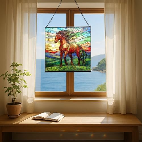 Bay Lusitano Horse Standing ATOP Hill at Sunset Square Suncatcher – Stained Glass Style Window Panel with Pastoral Scene, Custom Decorative Hanging Art for Equestrian Home, Christmas viOc1b - Image 5