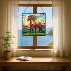Bay Lusitano Horse Standing ATOP Hill at Sunset Square Suncatcher – Stained Glass Style Window Panel with Pastoral Scene, Custom Decorative Hanging Art for Equestrian Home, Christmas viOc1b - Image 5