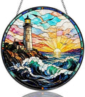 Stained Glass Window Hanging Lighthouse and Ocean Sunset Sun Catchers Coastal Sea Wave and Seagull Suncatchers Decorative for Home Garden Outdoor & Indoor Colorful Gift 9.8 Inch by Unknown