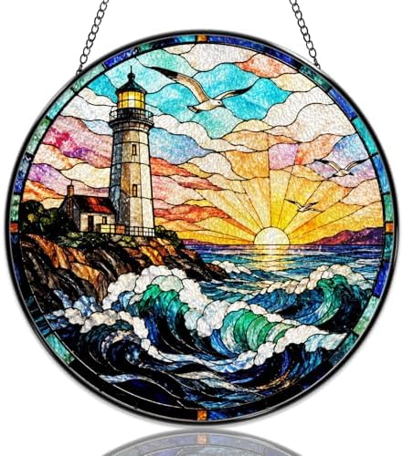 Stained Glass Window Hanging Lighthouse and Ocean Sunset Sun Catchers Coastal Sea Wave and Seagull Suncatchers Decorative for Home Garden Outdoor & Indoor Colorful Gift 9.8 Inch by Unknown