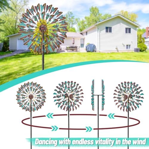 Wind Spinner Kinetic Wind Sculpture, 24.3"W x 79.3"H Large Metal Outdoor Windmill with 5‑Prong Stable Base, 360° Wind Catcher, Eye‑Catching Yard Art Decor for Patio Lawn Garden Backyard (Retro Green) - Image 4