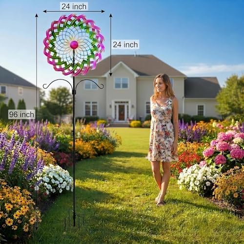 Large Metal Wind Spinner Outdoor, 96'' Adjustable Height with 24'' Sickle Blades, Water Ripple Motion & Smooth 360° Rotation, Weatherproof Garden Decor for Patio Lawn Backyard (Red&Blue) - Image 4