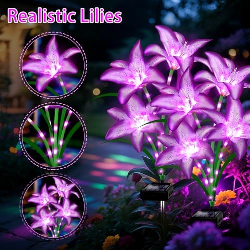 Solar Lights Outdoor, Gift for Women Mom Grandma Wife Daughter, 6 Pack 24 Solar Purple Lily Flower Lights Solar Flower Light Waterproof, Outside Decor Stake Light for Landscape Yard Patio Lawn Garden - Image 6