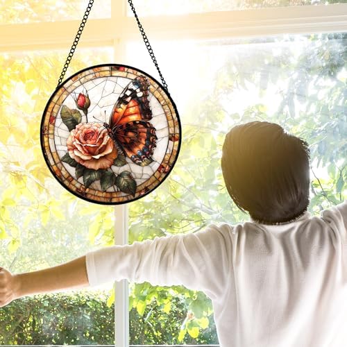 Rose Butterfly Stained Glass Window Hanging Suncatcher Gift for Women 9.8" - Image 3