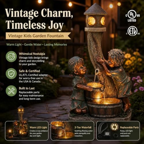 31" Boy and Girl Outdoor Water Fountain LED 3-Tier Waterfall - Image 3