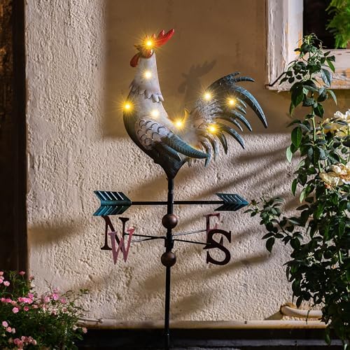 TERESA'S COLLECTIONS Garden Decor with Solar Outdoor Lights, White Rooster Yard Art Sign for Outside, 39.4'' Metal Weathervane Decorative Garden Stake for Outdoor Decor, Lawn, Gifts for Fathers Day - Image 2