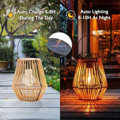 Homemory 2 Pack Rattan Lantern Solar Outdoor Waterproof Hanging Lights - Image 3