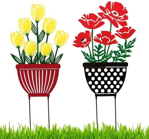 2-Way Metal Poppy and Tulip Garden Stake and Wall Plaque, Multicolor by AMAJY