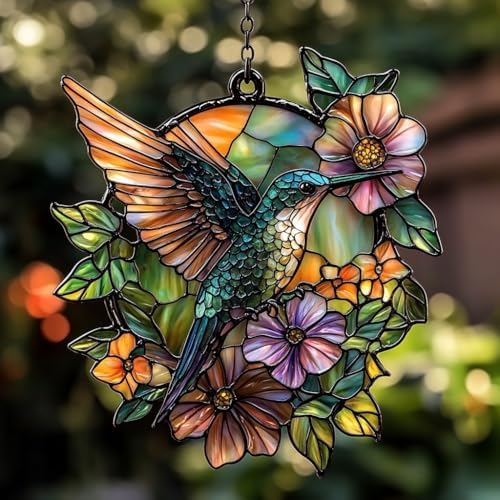 Flowers and Hummingbird Acrylic Suncatcher by AVAGAN