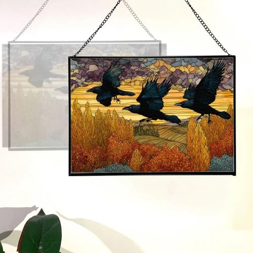Crows Flying Over Autumn Orchard Rectangular Stained Glass Suncatcher – Hanging Window Panel with Animal & Nature Scene – Vibrant Glass Art Gift for Wildlife, Fantasy, Nature Lovers 7dAAVL - Image 3