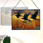 Crows Flying Over Autumn Orchard Rectangular Stained Glass Suncatcher – Hanging Window Panel with Animal & Nature Scene – Vibrant Glass Art Gift for Wildlife, Fantasy, Nature Lovers 7dAAVL - Image 3