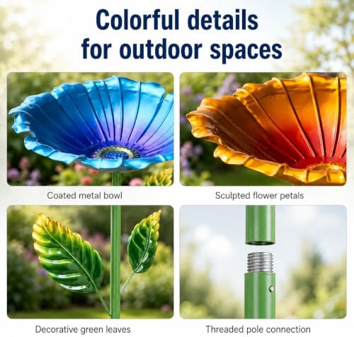 2 Pack Bird Baths for Outdoors, Metal Flower Garden Stakes, Blue & Orange - Image 6