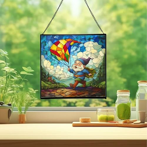Gnome with Kite Flight Stained Glass Suncatcher – Square Hanging Window Panel for Home or Greenhouse – Whimsical Glass Art Gift for Garden Lovers, Christmas, Halloween, Father Days XEZq2D - Image 2
