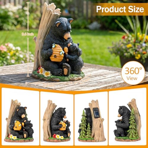 C&Y&G&X Solar Bear Garden Statue Lights, Black Bear & Cub Outdoor Resin Yard Decor for Patio Porch Lawn, Solar Garden Figurine with Light-Up Beehive, Housewarming Gifts for Garden Lovers - Image 3