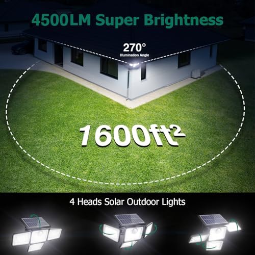 4500LM Solar Lights Outdoor, 4 Adjustable Heads Motion Sensor Lights, 3 Modes, 6500K, IP65 Waterproof Solar Security Wall Lights, Remote Control Flood Lights, Garden, Outside, Backyard, 2 Pack - Image 5