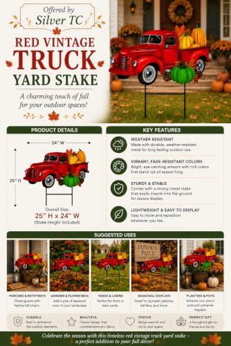 Garden Yard Stake Decor Vintage Truck Metal Colorful Fall Outdoor Decor Entry Front Backyard Home Business 22" x 22" (Red Truck W Fall Pumpkins) - Image 2