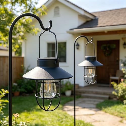 Solar Lanterns Outdoor Waterproof,4pack Hanging Solar Lights Lantern Lamp with Shepherd Hook, Metal Waterproof Edison Bulb Lights for Garden Outdoor Pathway - Image 4