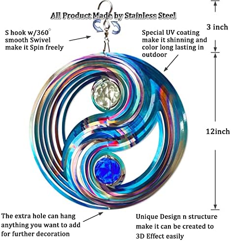 FONMY Mandala Wind Spinner w/Crystal Ball-Fengshui 3D Stainless Steel Hanging Spinners Worth Gift Christmas Decoration Indoor/Outdoor Garden Décor Kinetic Yard Art 12 Inches Wind Sculpture - Image 5