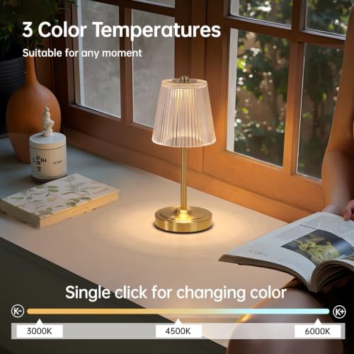 Shenmoyl Set of 2 Cordless Touch Table Lamp with 5200mAh Battery - 3 Adjustable Color Temperatures & Dimmable, Rechargeable Lamp for Bedsides, Living Room, Entryway, Bookshelves (Transparent Stripe) - Image 3