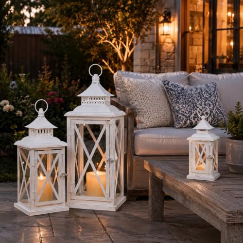 3PCS (20’’&13’’&9’’) Lanterns Decorative Indoor & Outdoor, Vintage White Metal Frame Candle Holders for Front Porch, Patio, Pathway, Balcony, Garden, Yard Decor, Halloween Christmas Decorations - Image 5