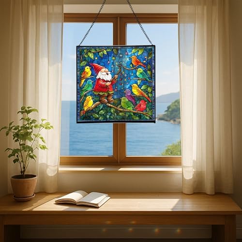 Gnome with Singing Birds Stained Glass Suncatcher – Square Hanging Window Panel for Home or Greenhouse – Whimsical Glass Art Gift for Garden Lovers, Christmas, Halloween, Father Days Q6K5Em - Image 6