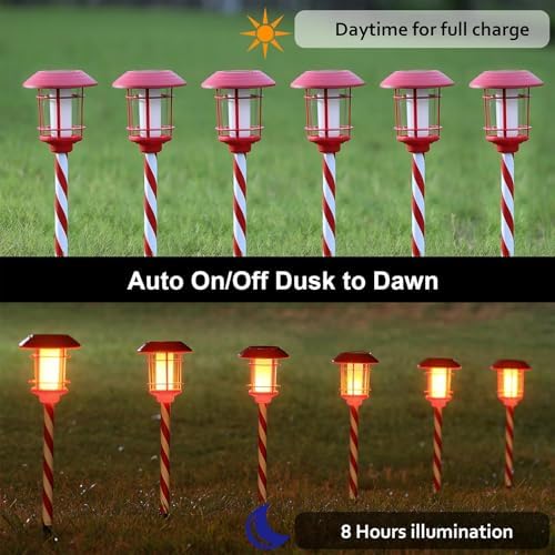 Dynaming 6 Pack Christmas Solar Flame Garden Lights Outdoor, Dual Use Flickering Flame Torch Candy Cane Pathway Marker, Xmas Hanging Lantern Lights, Waterproof & Auto On/Off for Patio Walkway Driveway - Image 3