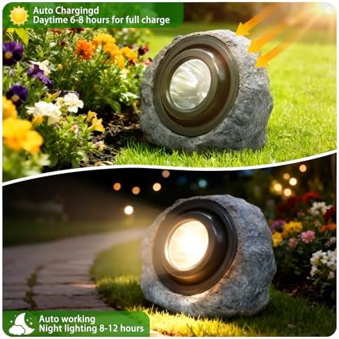 Solar Rock Lights Outdoor,Solar Ash Gray Garden Stone Spotlights - Image 5