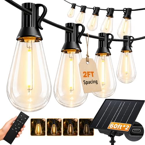 Solar String Lights Outdoor Waterproof, 120FT(2*60) 52 LED S14 Shatterproof Edison Bulbs, 2FT Spacing, 3 Modes, Dimmable, Timer, USB Solar Powered Hanging Patio Lights for Outside, Backyard by Unknown